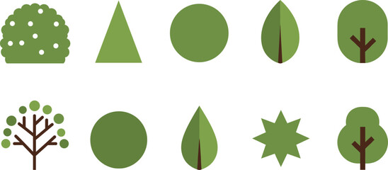 Set of minimalist green tree and leaf icons featuring various forest silhouettes including pine rounded and geometric foliage isolated on white background