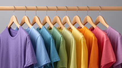 Obraz premium Vibrant Cotton T-Shirts on Hanger in Various Colors Displayed in a Studio Setup Perfect for Fashion and Apparel Stock Photography