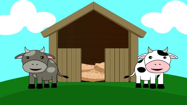 Animated cartoon style video with two cows and a barn, Christmas, art, 2D.
