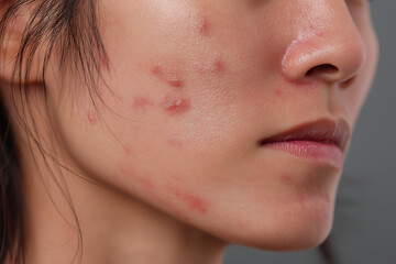 Obraz premium Extreme Close-up of Young Asian Woman's Face with Severe Acne, Redness, and Sensitive Skin Texture, Dermatological Problem Concept
