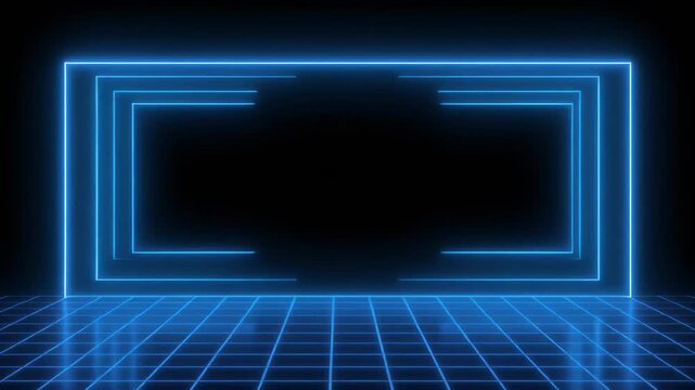 Neon blue rectangle frame on gridded floor with black background