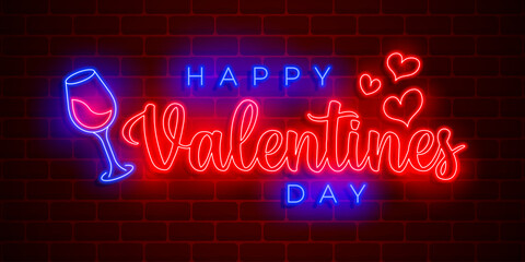 Happy Valentine's day neon light effect with a drink glass and a heart shape on a dark blue brick wall background.