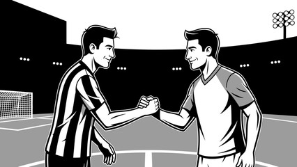 Two friendly soccer players shaking hands on a stadium field, showing sportsmanship © AHMAD KHOIRI