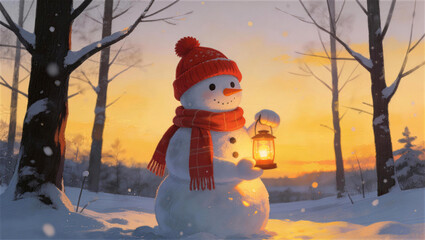 Snowman holding a lantern in the snow