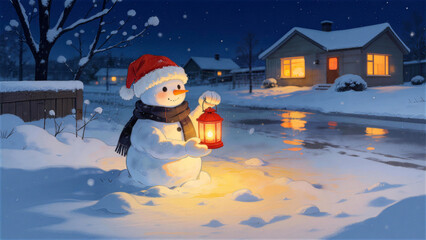 Snowman holding a lantern in the snow