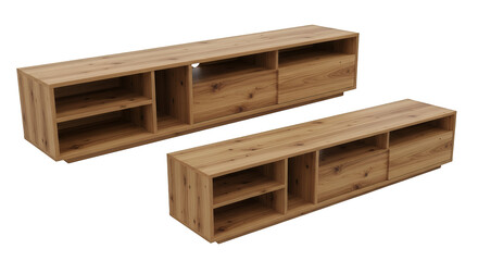 Two wooden TV stands with open shelving and drawers isolated on transparent background