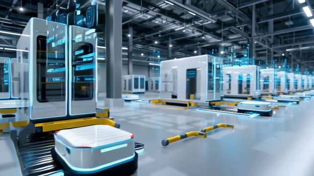 Futuristic warehouse with autonomous robots and smart technology
