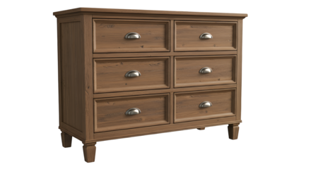 Brown wooden dresser with six drawers isolated on transparent background