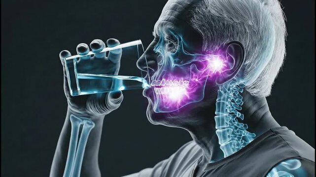 Xray of a man drinking water highlighting the jaw and throat area with glowing purple and blue light representing pain or medical condition.