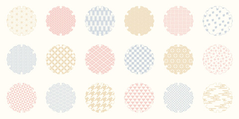 カラフルな雪の形のフレームと日本の伝統的なシームレスパターンのセット