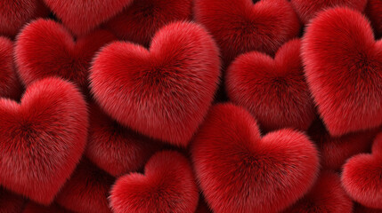 Soft fur hearts in deep red are organized closely. This arrangement creates a warm and festive look for Valentine's Day. The hearts are made to add charm to the celebration.