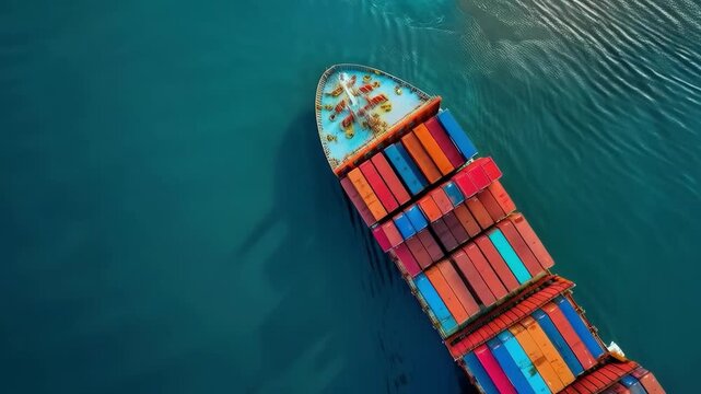 A majestic container ship with bright containers sails through calm waters, symbolising global trade and logistics, which is ideal as an atmospheric backdrop for presentations on economics or transpor