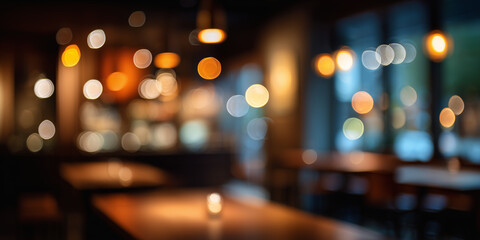 Abstract blur busy pub scene background with warm light bokeh creating cozy atmosphere and soft focus effect