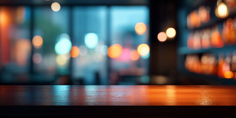 Wooden table surface with blurred colorful neon lights background creating warm and cozy atmosphere in pub or bar interior