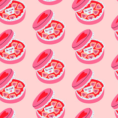 Seamless Valentine pattern with pink heart chocolate boxes, be mine notes, and scalloped lace details on a soft pastel background, perfect for romantic wrapping paper, fabric, and sweet packaging.
