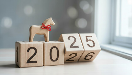 木製ブロックカレンダーが告げる年末年始、2025年から2026年の午年へ
