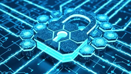 A futuristic digital padlock glows with blue light, symbolizing cybersecurity and data protection on a circuit board. - Powered by Adobe