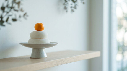 伝統的な鏡餅の飾り、白い餅2段と橙で新年を祝う日本の正月縁起物