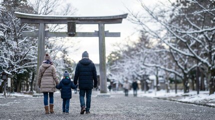 雪の神社参道を歩く日本人家族の後ろ姿、冬の参拝と家族の時間