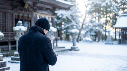 雪の神社で祈る日本人男性の後ろ姿、冬の初詣イメージ