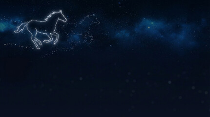 夜空に輝く星で描かれた走る2頭の馬の星座、宇宙に浮かぶ幻想的なコンステレーションアート