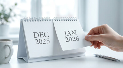 2025年から2026年への卓上カレンダーの移り変わり、年末年始の時間管理とビジネス計画