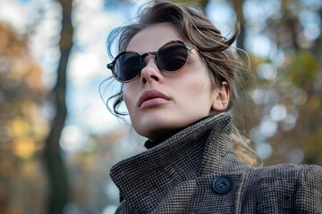 Stylish woman posing in autumn park, wearing sunglasses and coat