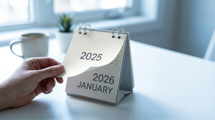 2025年から2026年1月へ移る卓上カレンダー、新年の始まりと年次計画のビジネスイメージ