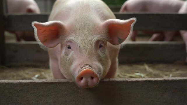 A close-up shot of a pig peering curiously from its enclosure