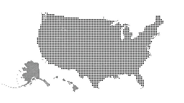 A stylized map of the United States of America is rendered entirely from a grid of small, dark dots against a white background, with Alaska and Hawaii positioned to the southwest.