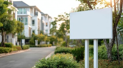 Blank white signboard mockup standing in a modern residential neighborhood street at sunset