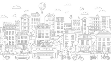 Fototapeta premium A detailed black and white line drawing depicts a bustling cityscape with a variety of buildings, vehicles, and people enjoying outdoor activities under a hot air balloon in the sky.