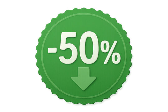 Green 50 percent discount badge on transparent background symbolizing price reduction and limited time promotion