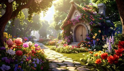 Fototapeta premium 妖精が暮らす花咲く楽園の家4
