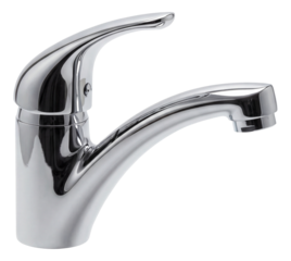 A compact faucet with a modern lever handle for a suburban guest bathroom.