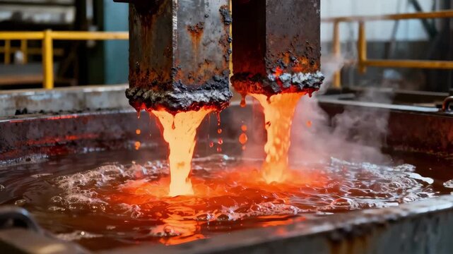 Closeup of galvanizing process on steel parts immersing them in molten zinc for durable metal protection in heavyduty applications