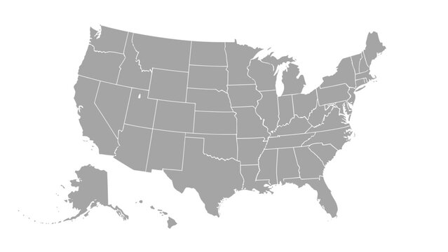 A grey map of the United States of America, displaying all 50 states and the District of Columbia, with a small white dot marking a specific location.