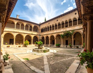 Fototapeta premium Sunlit courtyard with arched galleries, stone fountain, and lush greenery amidst a historical building's aged facade