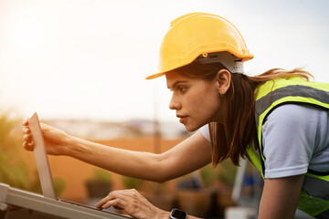 A woman wearing a yellow hard hat is looking at a laptop