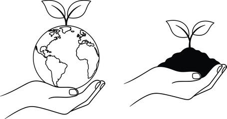 Set of environmental sustainability icons featuring human hands holding the earth globe and a young plant sprout growing from soil outline vector illustration for ecology and green energy concepts
