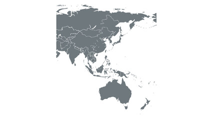 A grayscale map shows the continent of Asia and the country of Australia against a stark white background, highlighting geographical outlines and political borders.
