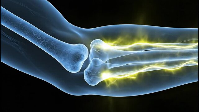 Xray of human elbow joint with highlighted pain or inflammation showing bones and surrounding tissue with yellow glowing areas indicating discomfort or injury.