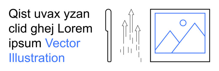 Graphic design, branding, tech concepts, modern layouts, education, content creation. Minimalist text with geometric icons including lines, arrows and a framed drawing. Graphic design and branding