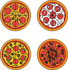 Set of delicious pepperoni pizzas with melted cheese sliced salami black olives and fresh herbs isolated on white background flat vector illustration for Italian restaurant menu