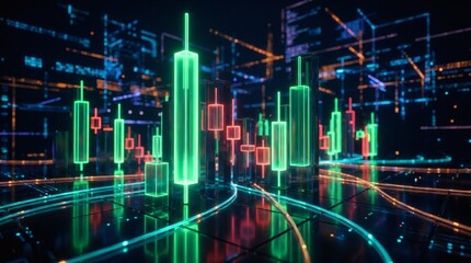 Obraz premium Digital financial market with candlestick charts and data streams reflecting economic growth and investment opportunities