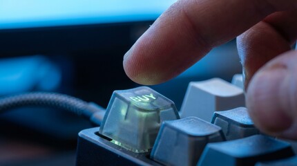 Finger pressing illuminated key on a mechanical keyboard, technology concept