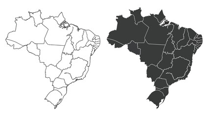 Obraz premium Two outline maps of Brazil, one in white and the other filled in dark gray, illustrating the country's political divisions.