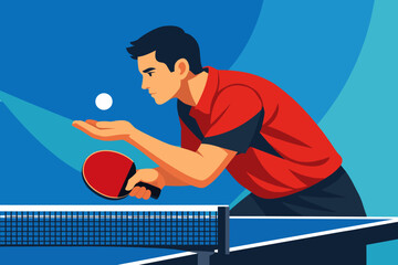 Dynamic table tennis player in action with paddle and ping pong ball on blue background
