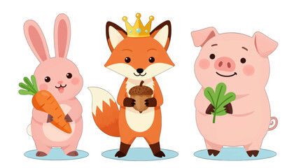 Naklejka premium Cute cartoon rabbit, fox, and pig holding vegetables