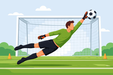 Fototapeta premium Goalkeeper dive in action: dynamic soccer save on the field with goalpost background